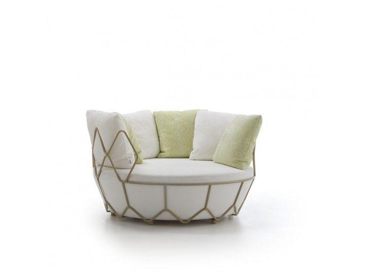 Gravity Round Sofa: a round outdoor sofa with a champagne steel frame and white cushions