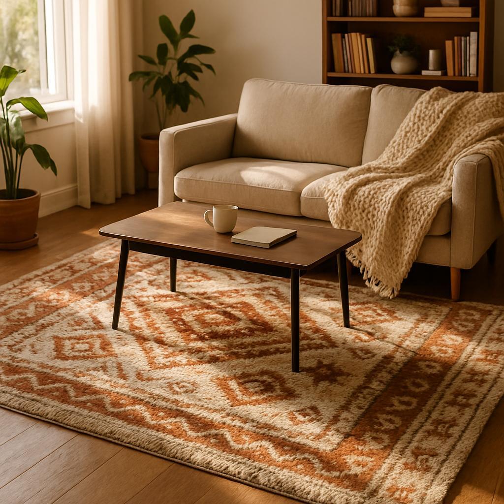 photographic The image depicts a cozy welllit living room featuring a soft plush rug at its center The rug adorned with intricate geometric patterns i