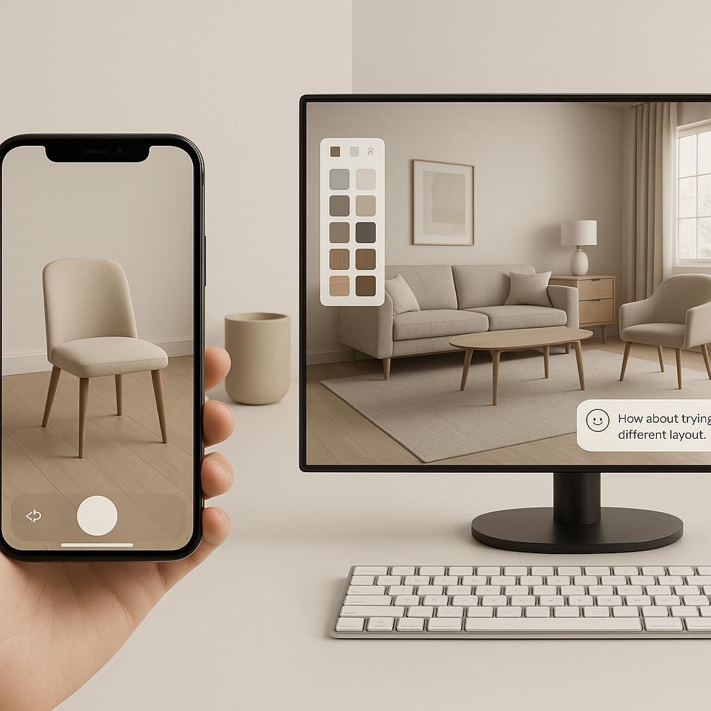 Elegant splitscene workspace left side shows a phone with a basic AR view placing a single chair right side shows a desktop monitor with a photoreal 3